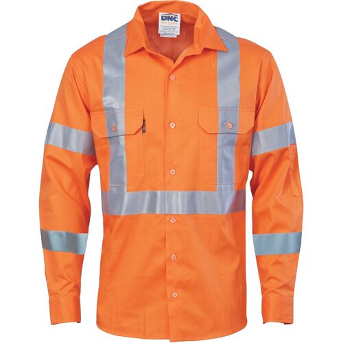 WORKWEAR, SAFETY & CORPORATE CLOTHING SPECIALISTS Hivis cool-breeze cotton shirt with double hoop on arms & 'X' back CSR R/tape - long sleeve