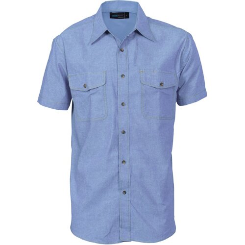 WORKWEAR, SAFETY & CORPORATE CLOTHING SPECIALISTS - Mens Twin Flap Pocket Cotton Chambray - Short Sleeve