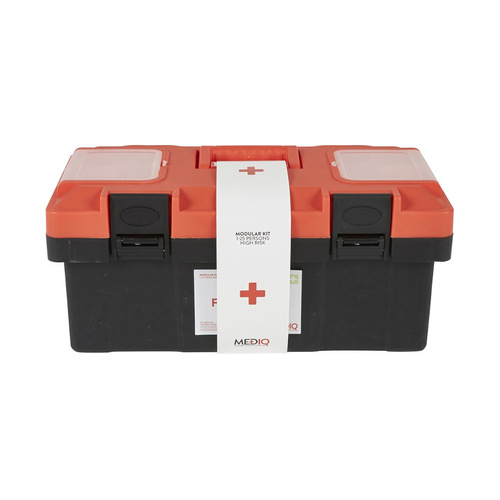 WORKWEAR, SAFETY & CORPORATE CLOTHING SPECIALISTS - MEDIQ 5 x INCIDENT READY FIRST AID KIT IN ORANGE/BLACK PLASTIC TACKLE 1-25 PERSONS HIGH RISK