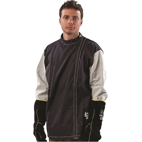 WORKWEAR, SAFETY & CORPORATE CLOTHING SPECIALISTS - Blue Pyrovatex Jacket & Chrome Leather Sleeves